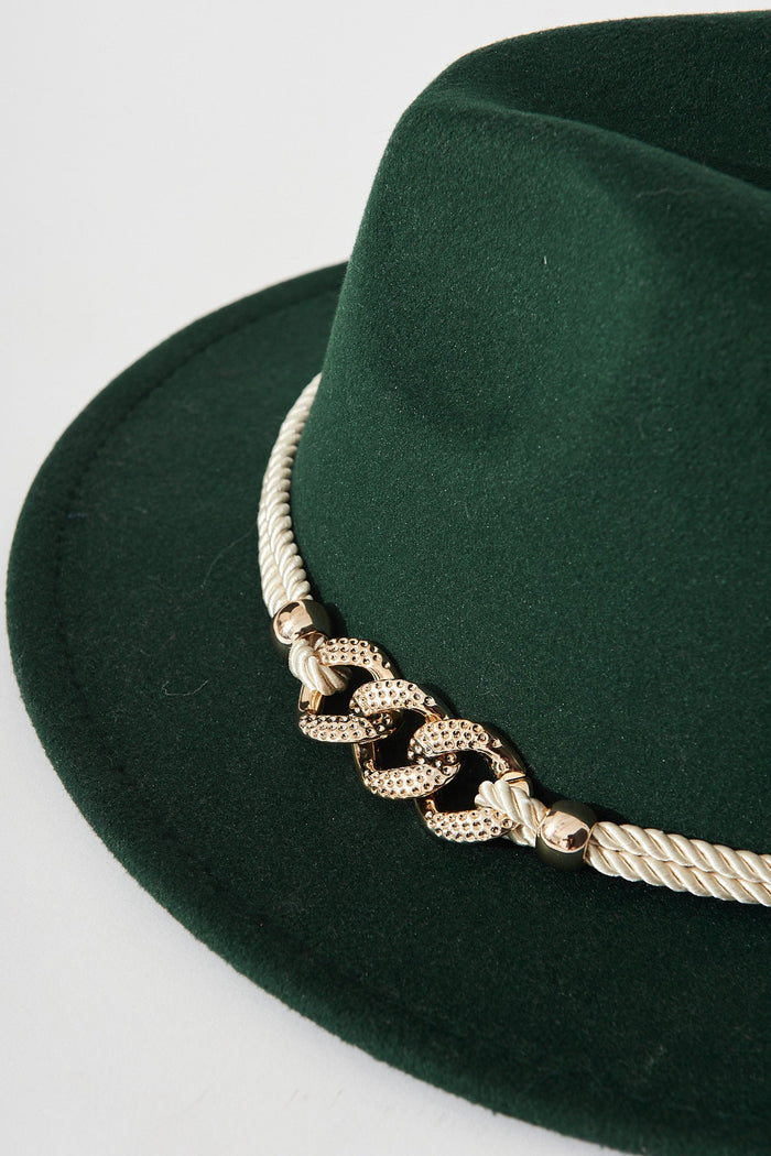 August + Delilah Montpellier Fedora In Emerald Green With Gold Trim - detail