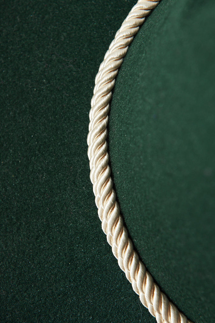 August + Delilah Montpellier Fedora In Emerald Green With Gold Trim - detail close up