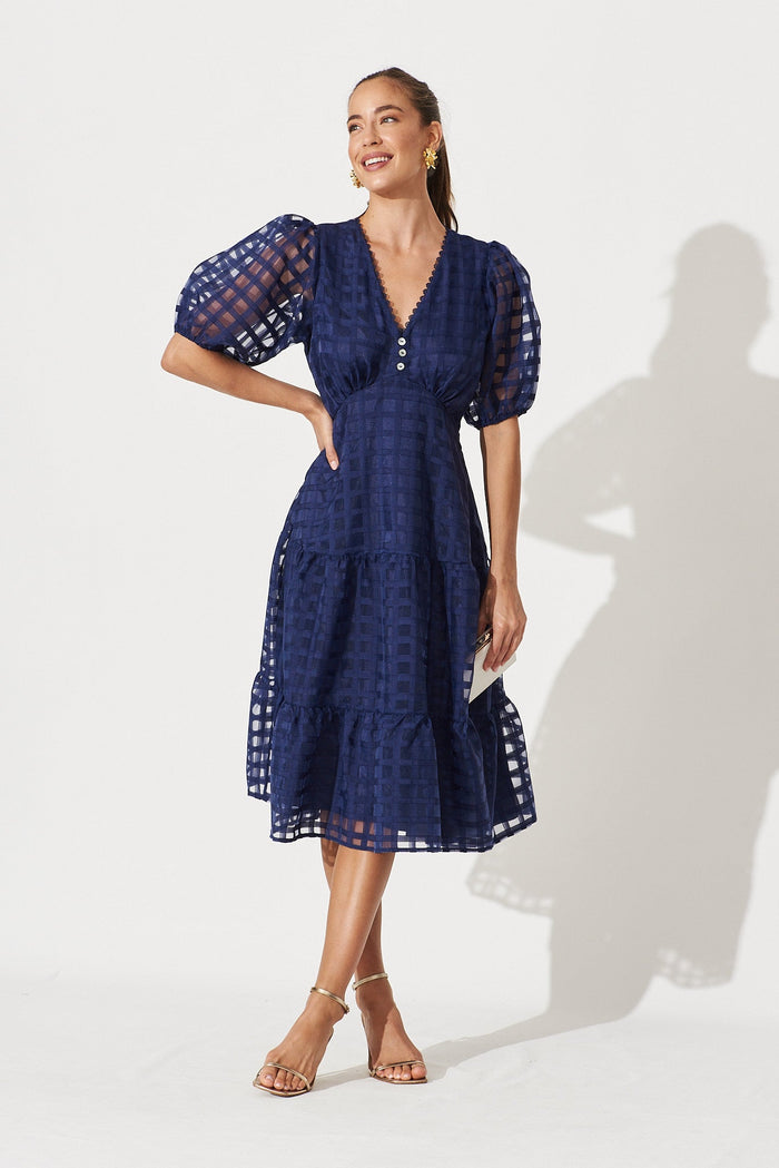 Junee Midi Dress In Navy Organza - full length