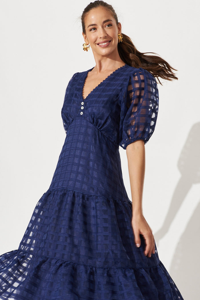 Junee Midi Dress In Navy Organza - front