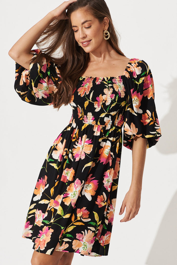 Ettaly Dress In Black With Apricot Floral - front