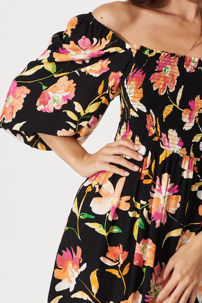 Ettaly Dress In Black With Apricot Floral - detail