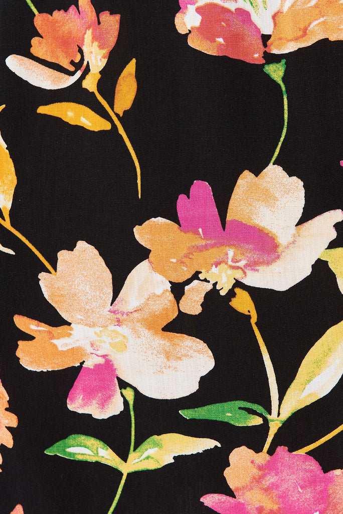 Ettaly Dress In Black With Apricot Floral - fabric