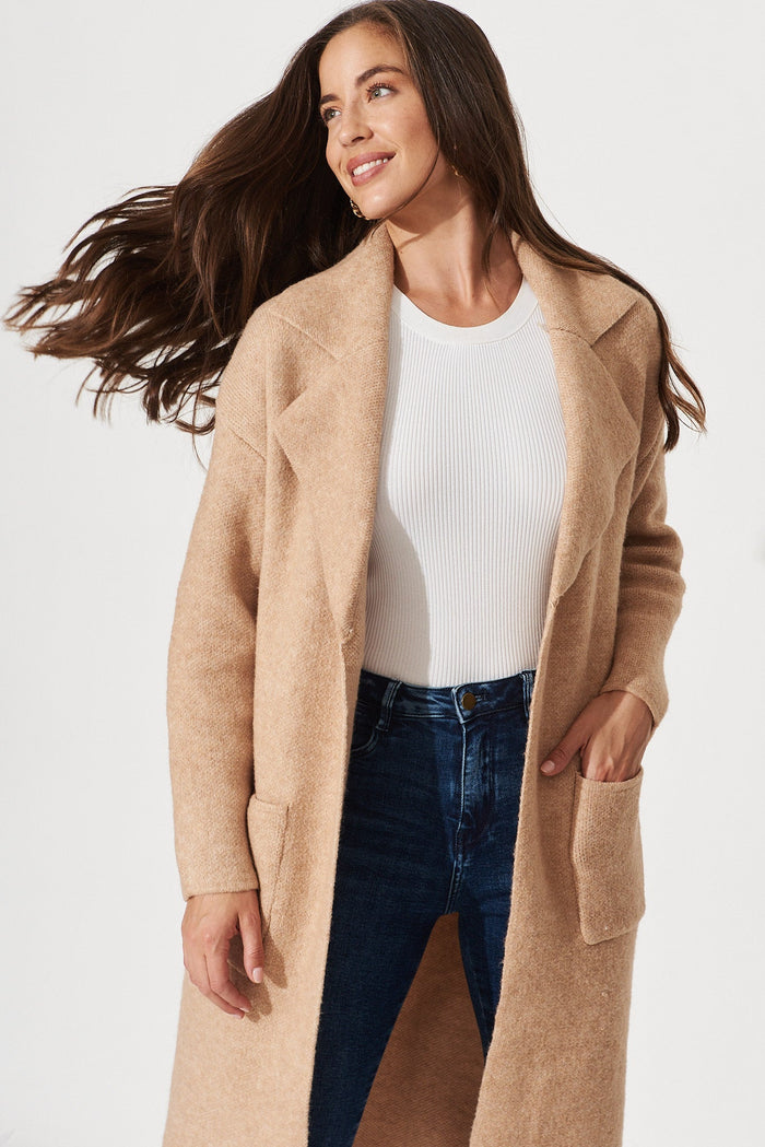 St Ives Coatigan In Brown Wool Blend - front