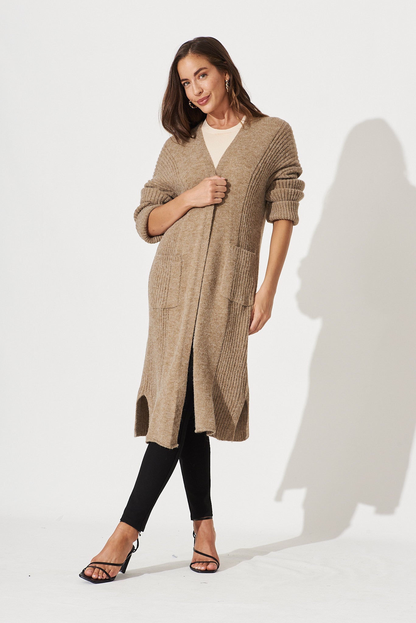Mosman Knit Cardigan In Brown Wool Blend - full length