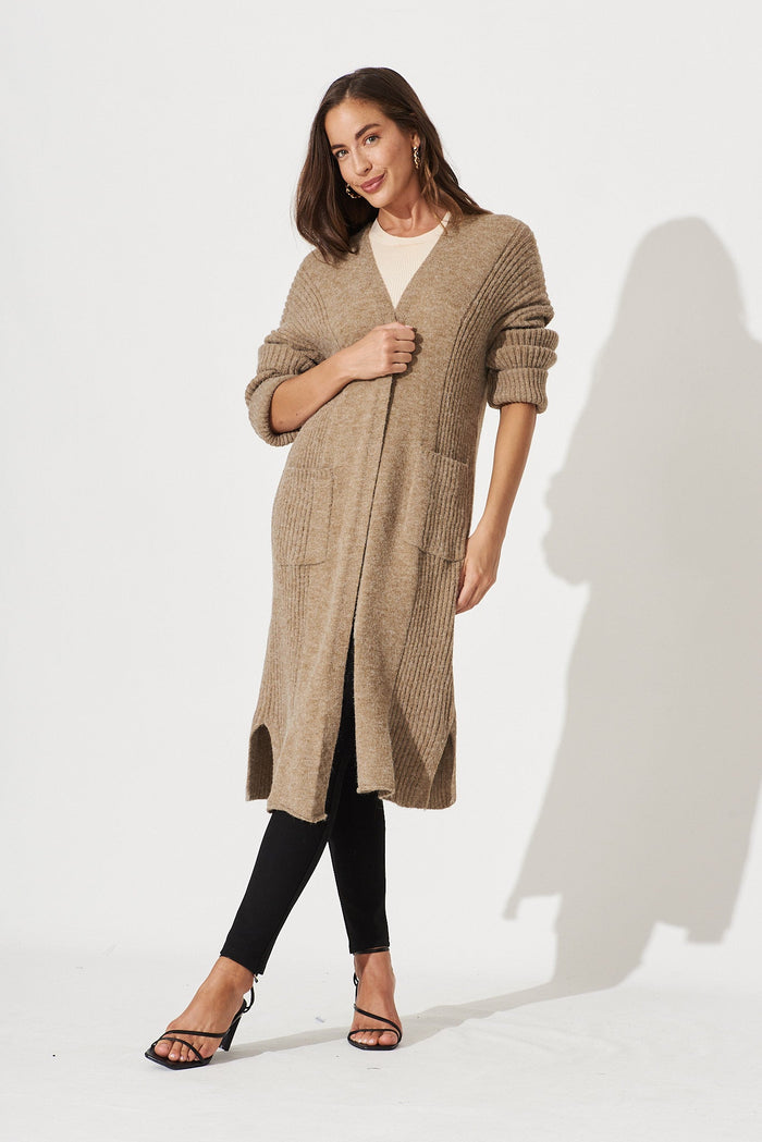 Mosman Knit Cardigan In Brown Wool Blend - full length