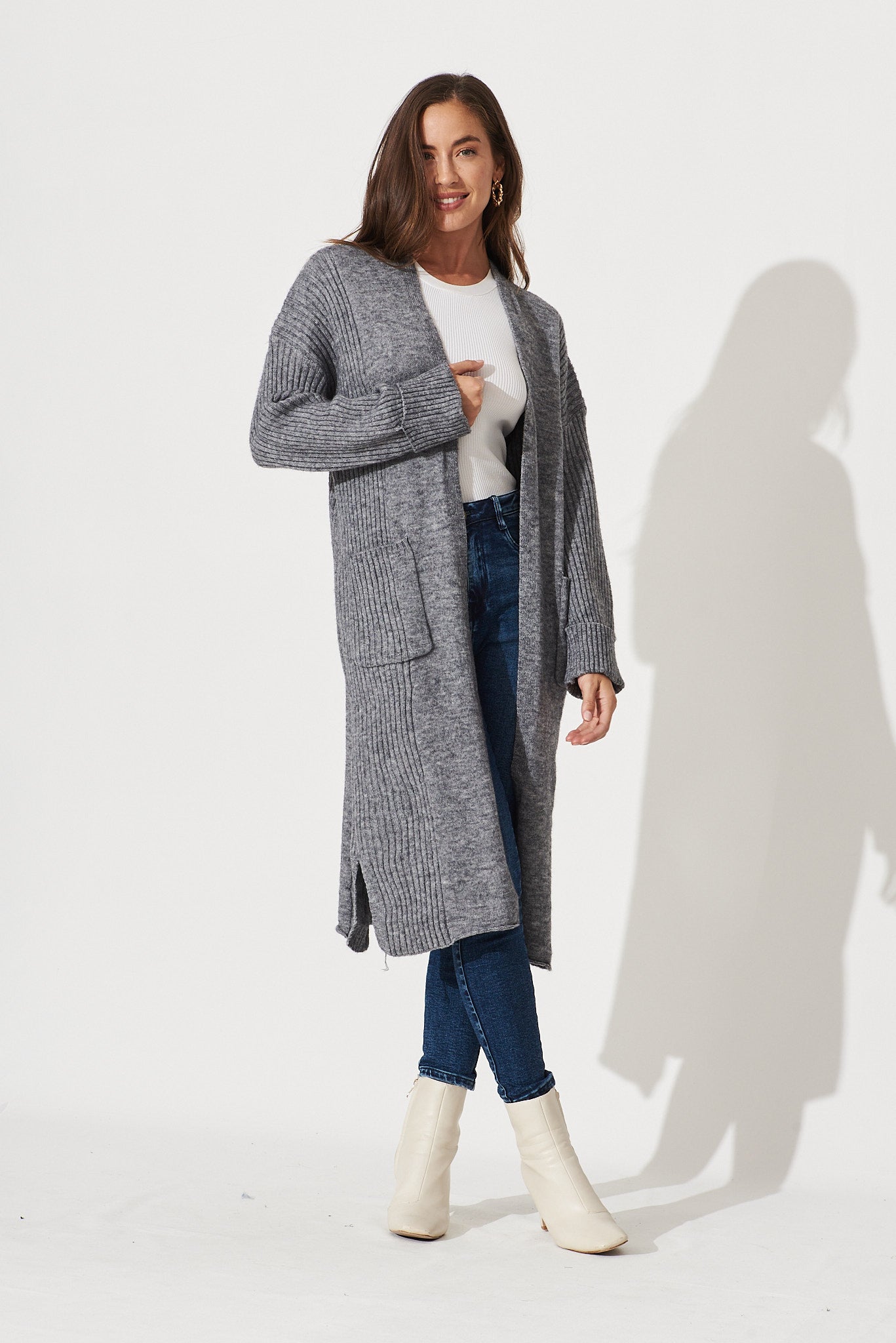 Mosman Knit Cardigan In Grey Wool Blend - full length