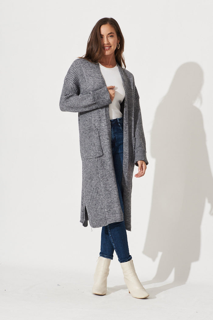 Mosman Knit Cardigan In Grey Wool Blend - full length