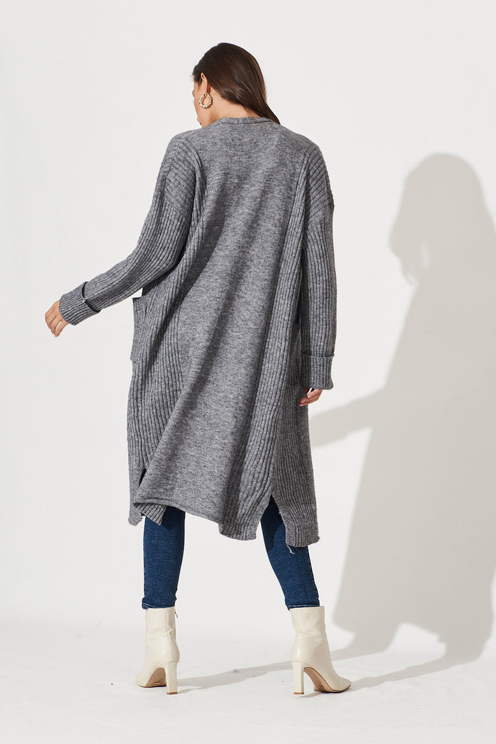 Mosman Knit Cardigan In Grey Wool Blend - back
