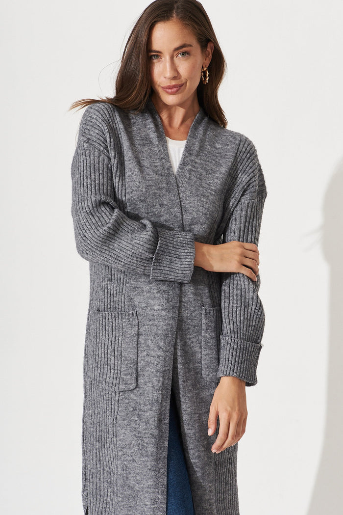 Mosman Knit Cardigan In Grey Wool Blend - front