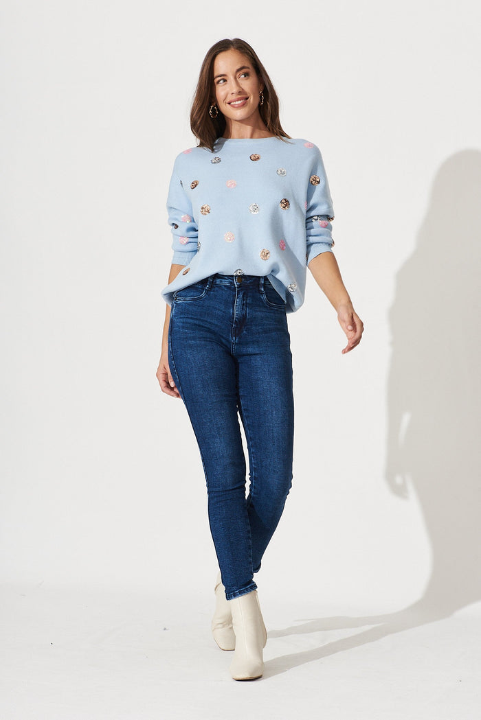 Snowdrop Knit In Blue Sequin Spot Wool Blend - full length