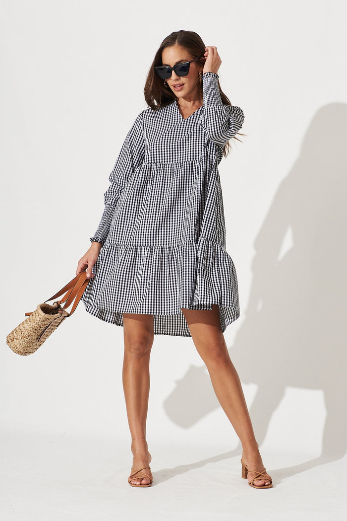 Artarmon Smock Dress In Black Gingham Check Cotton - full length