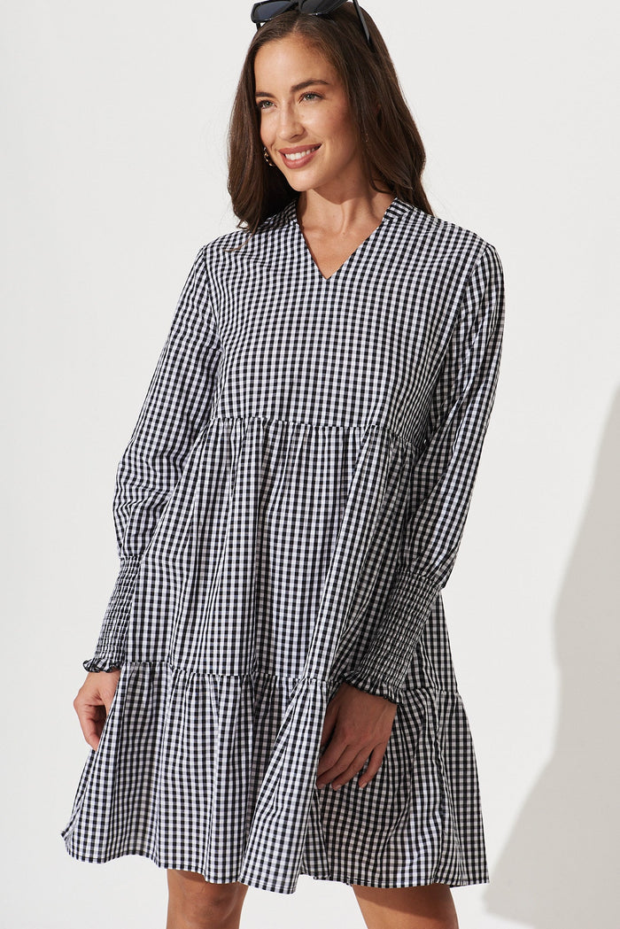 Artarmon Smock Dress In Black Gingham Check Cotton - front