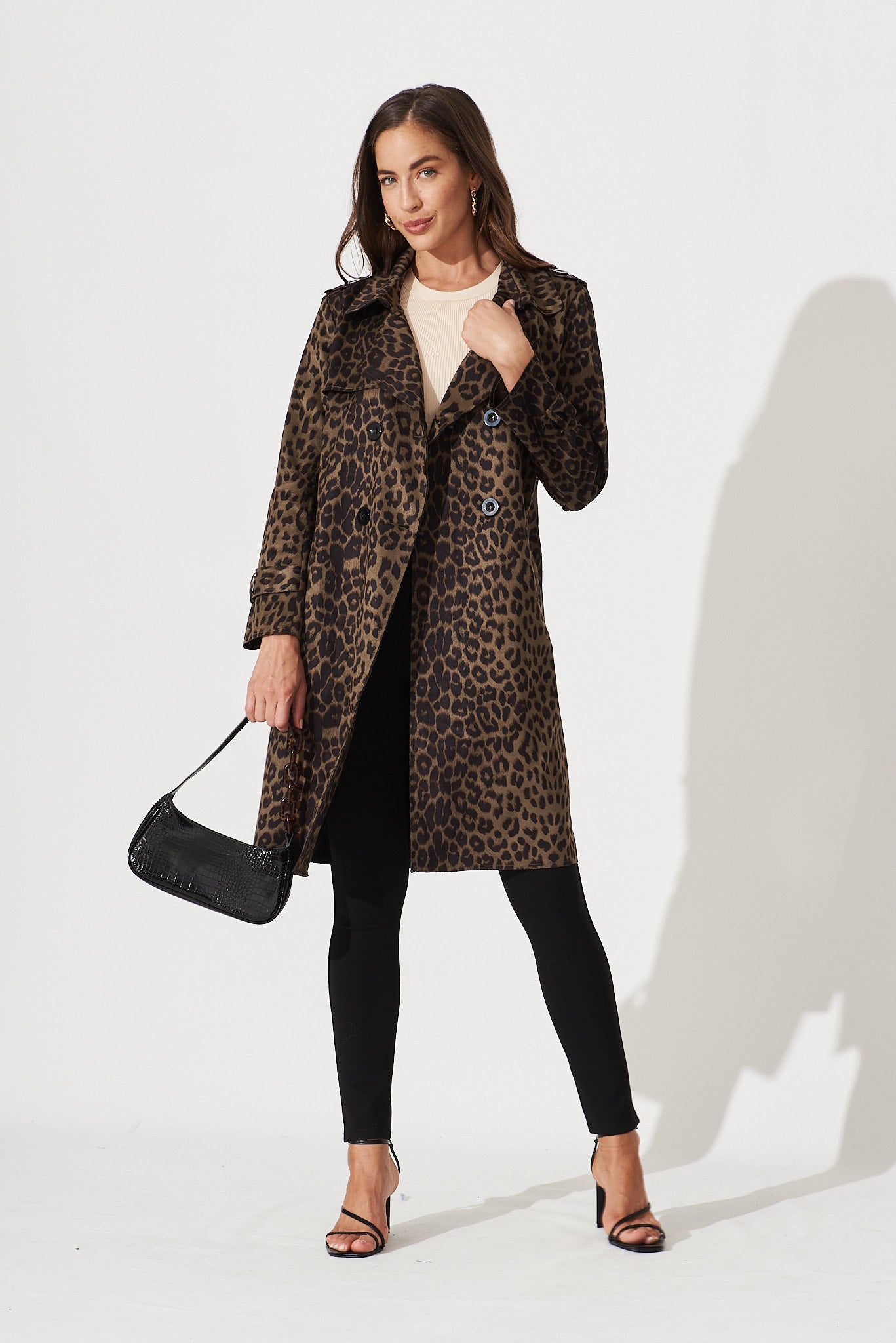 Mirage Trench In Khaki With Animal Print - full length