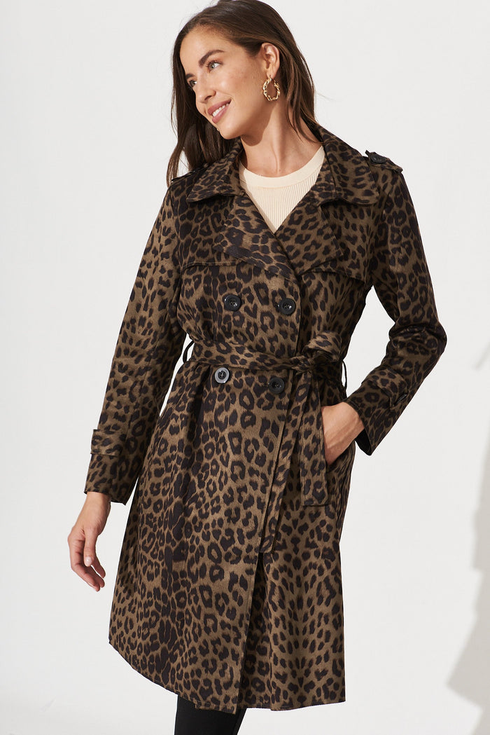 Mirage Trench In Khaki With Animal Print - front