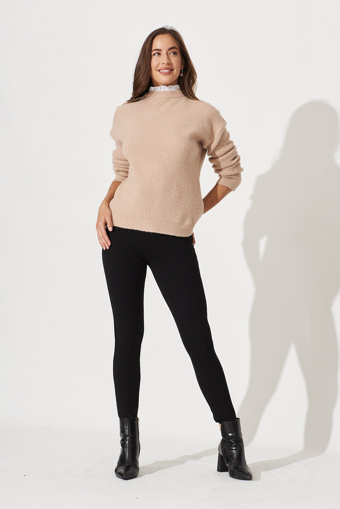 Seville Knit In Camel Brown Wool Blend - full length
