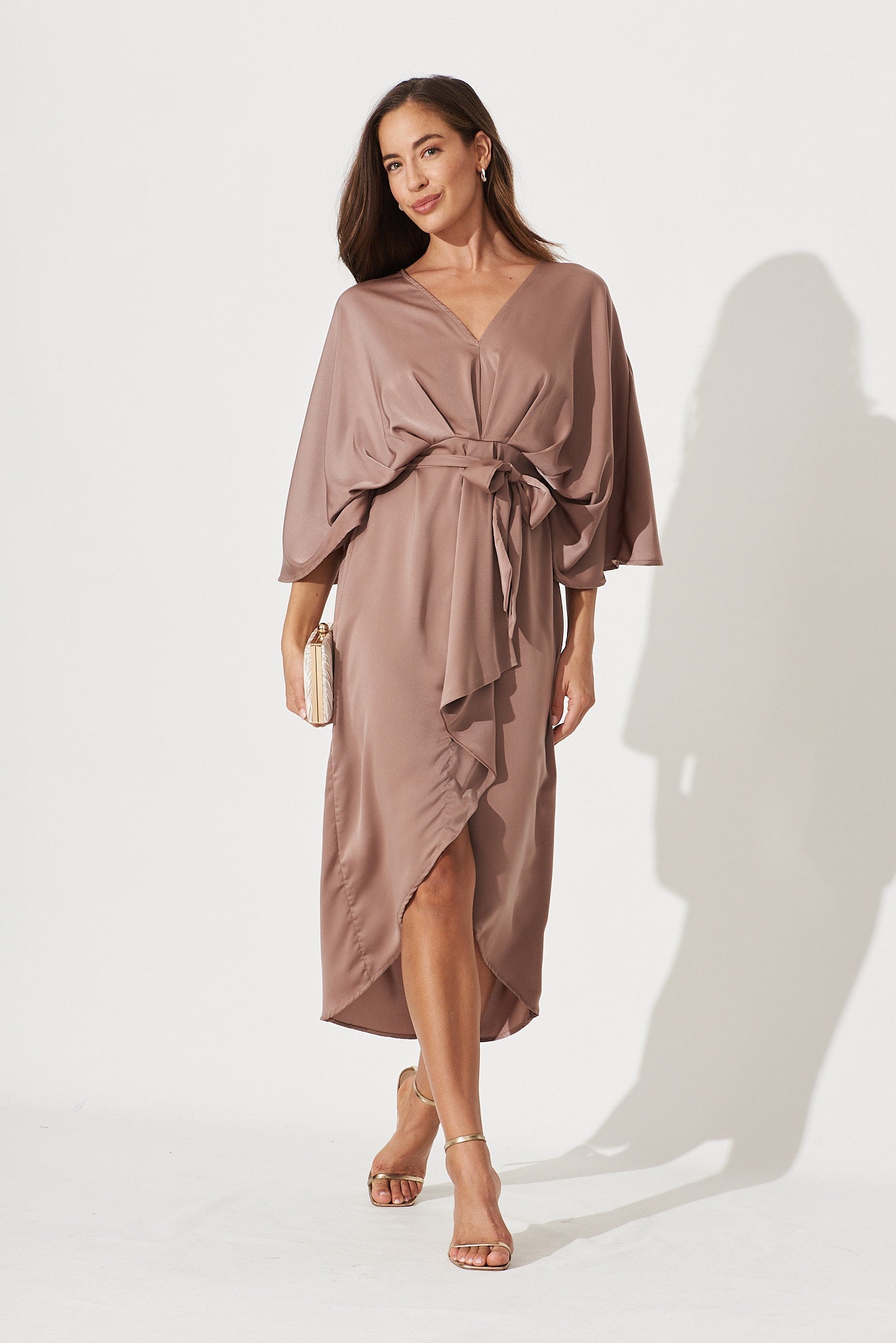 Joyful Dress In Mocha Satin - full length