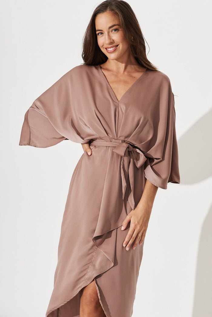 Joyful Dress In Mocha Satin - front