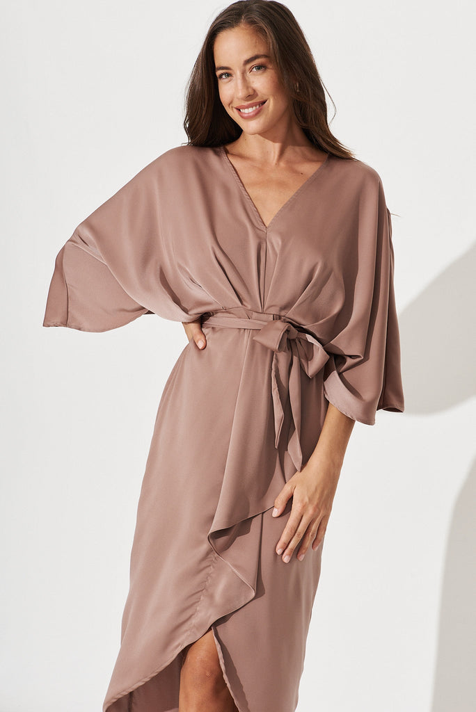 Joyful Dress In Mocha Satin - front