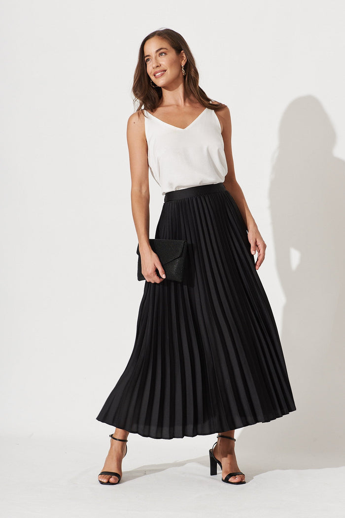 Allison Midi Pleat Skirt In Black Satin - full length