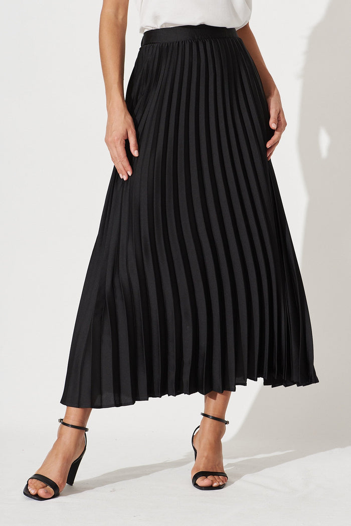 Allison Midi Pleat Skirt In Black Satin - front