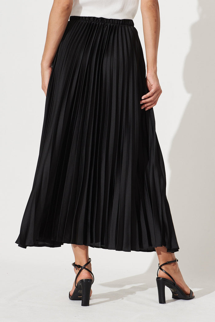 Allison Midi Pleat Skirt In Black Satin - back