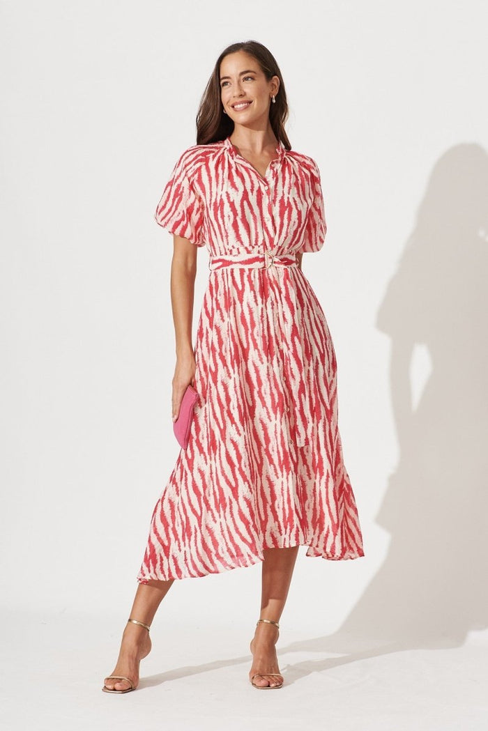 Cherrybrook Midi Shirt Dress In Pink With White Leopard Print - St Frock (Dev)