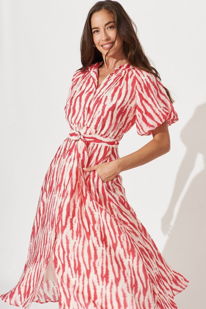 Cherrybrook Midi Shirt Dress In Pink With White Leopard Print - St Frock (Dev)