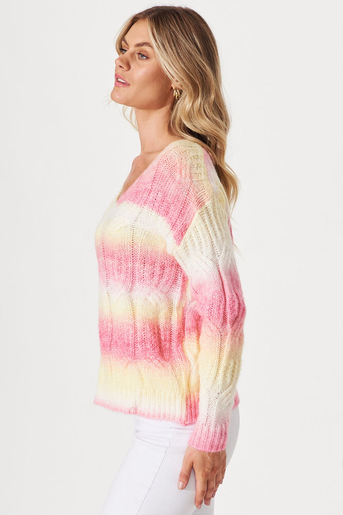 Putria Cable Knit In Yellow With Pink Wool Blend - side