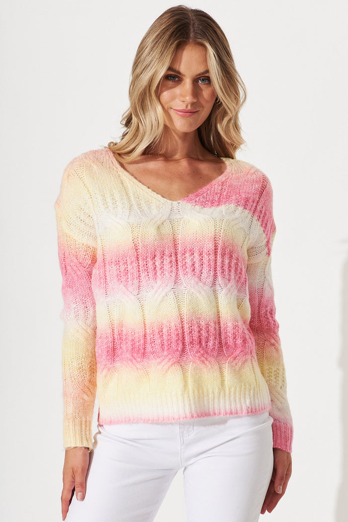 Putria Cable Knit In Yellow With Pink Wool Blend - front