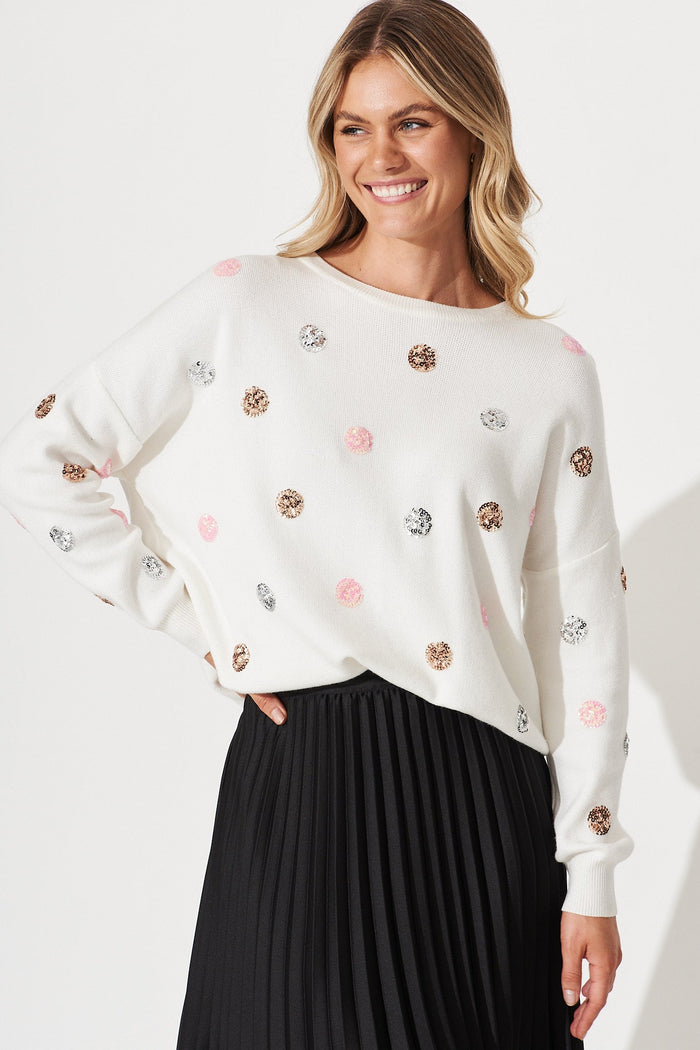 Snowdrop Knit In White Sequin Spot Wool Blend - front