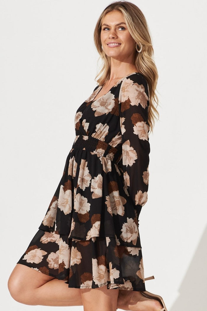 Clareville Dress In Black With Brown Floral - St Frock (Dev)