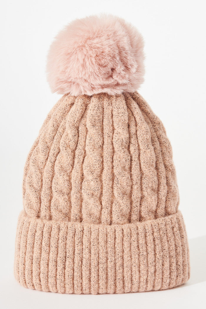 August + Delilah Trace Knit Beanie In Baby Pink With Pom Pom - flatlay