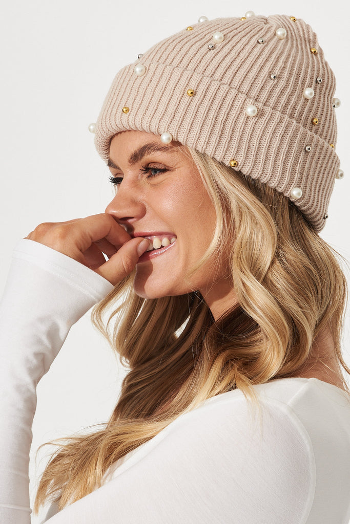 August + Delilah Normandy Knit Beanie In Beige With Faux Gems - side