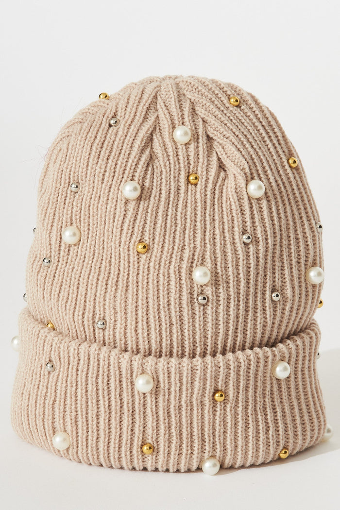August + Delilah Normandy Knit Beanie In Beige With Faux Gems - flatlay
