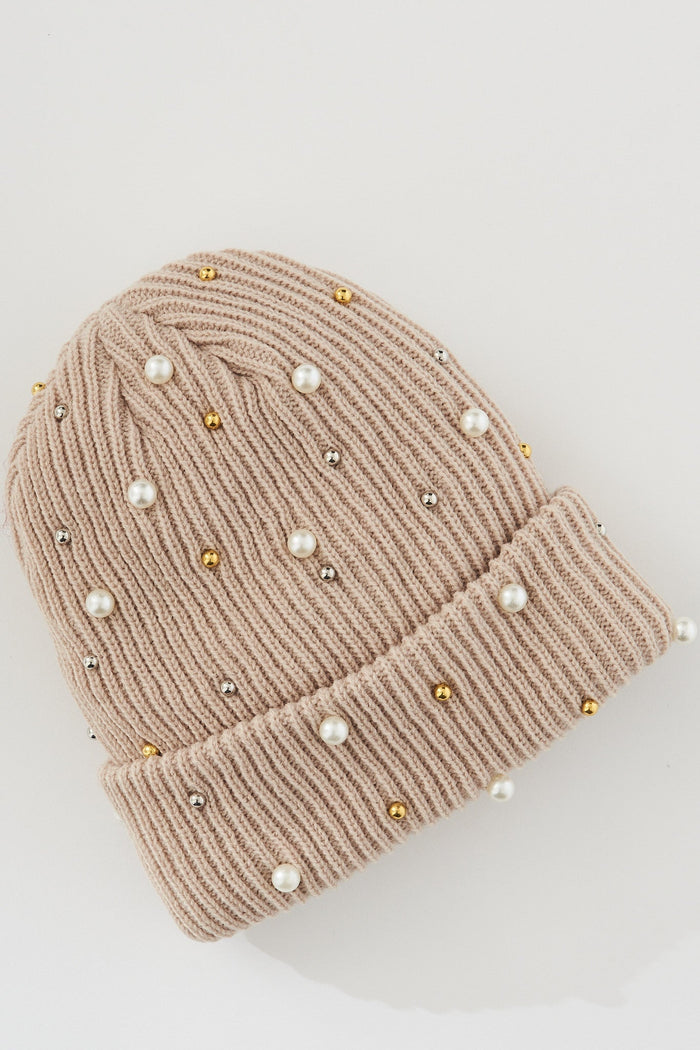 August + Delilah Normandy Knit Beanie In Beige With Faux Gems - flatlay
