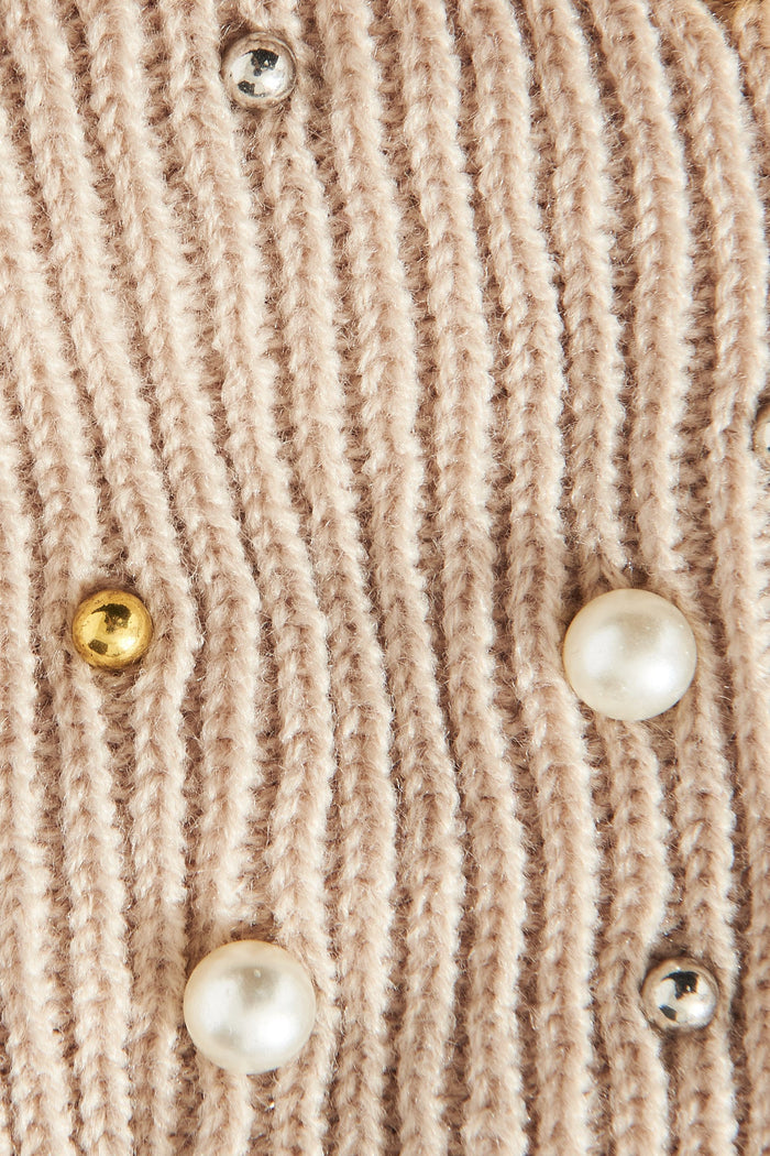 August + Delilah Normandy Knit Beanie In Beige With Faux Gems - fabric