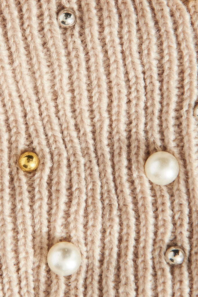 August + Delilah Normandy Knit Beanie In Beige With Faux Gems - fabric