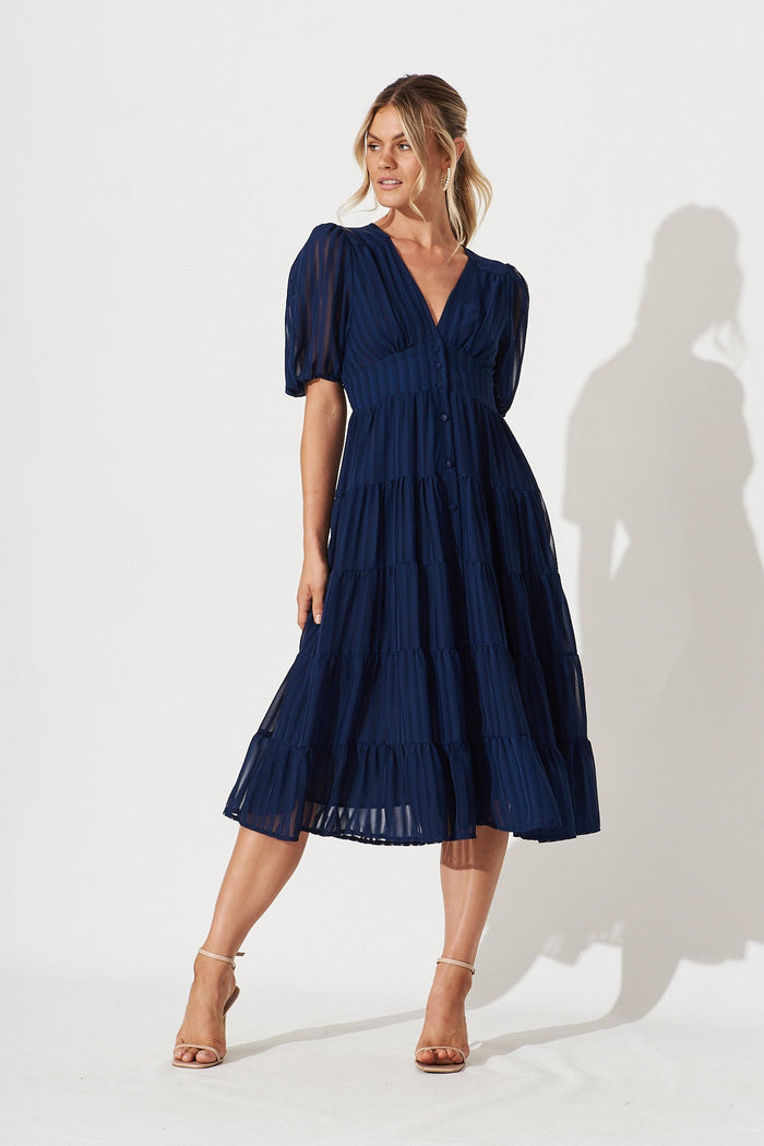 Modica Midi Dress In Navy Chiffon - full length