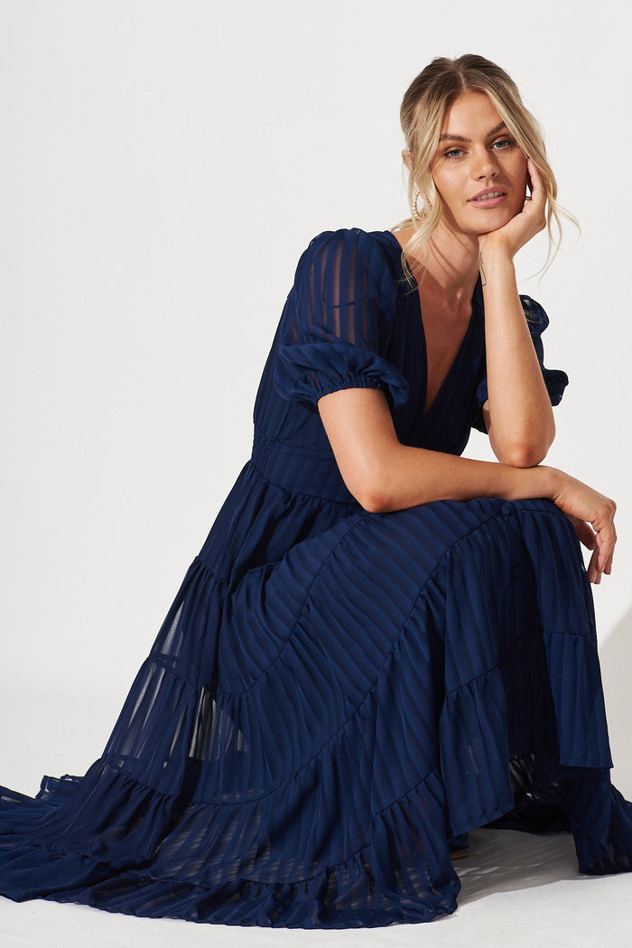 Modica Midi Dress In Navy Chiffon - full sitting