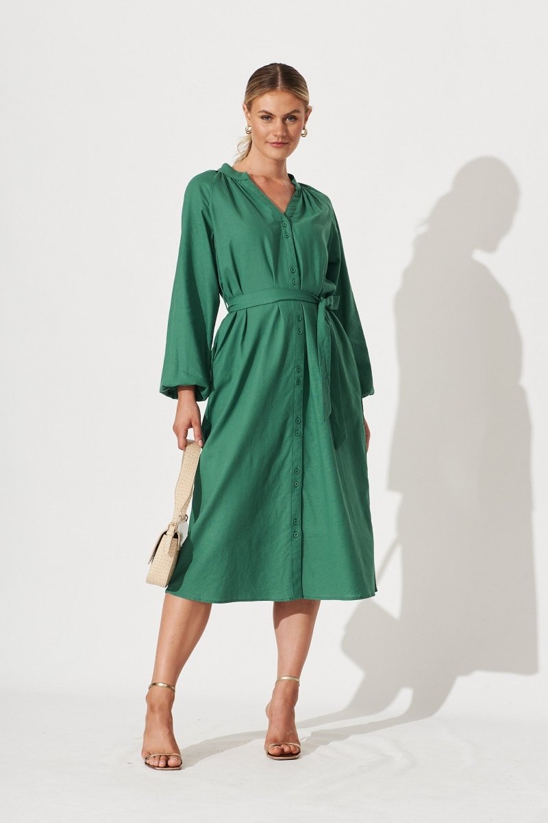 Castleton Midi Shirt Dress In Dark Green Linen - St Frock (Dev)
