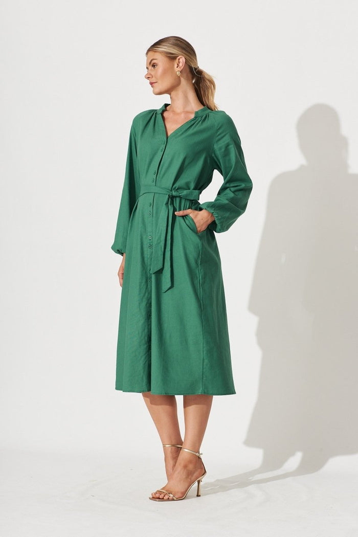 Castleton Midi Shirt Dress In Dark Green Linen - St Frock (Dev)