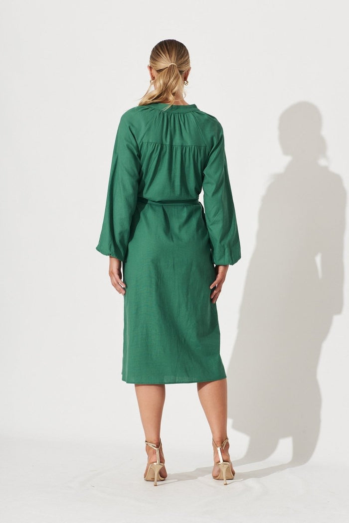 Castleton Midi Shirt Dress In Dark Green Linen - St Frock (Dev)
