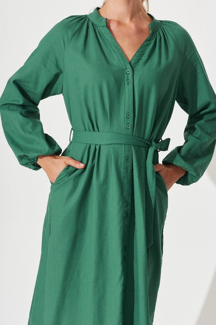 Castleton Midi Shirt Dress In Dark Green Linen - St Frock (Dev)