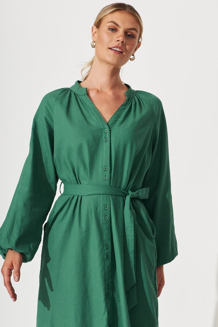 Castleton Midi Shirt Dress In Dark Green Linen - St Frock (Dev)