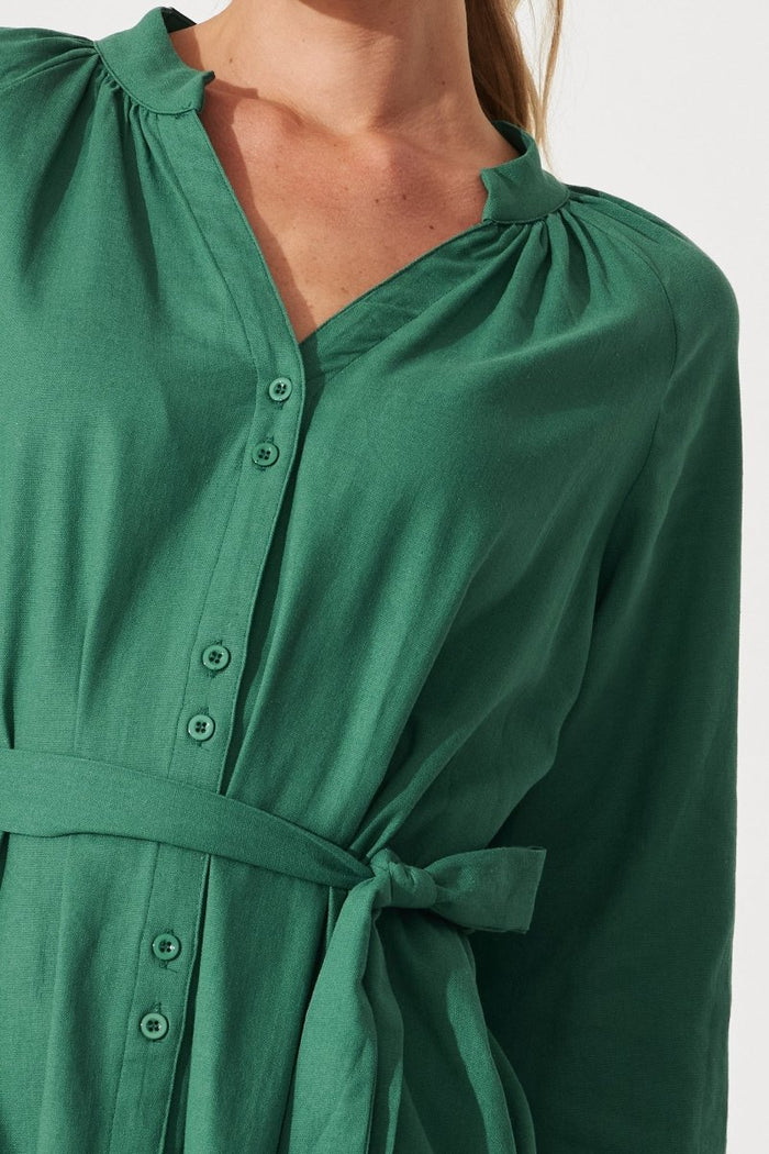 Castleton Midi Shirt Dress In Dark Green Linen - St Frock (Dev)