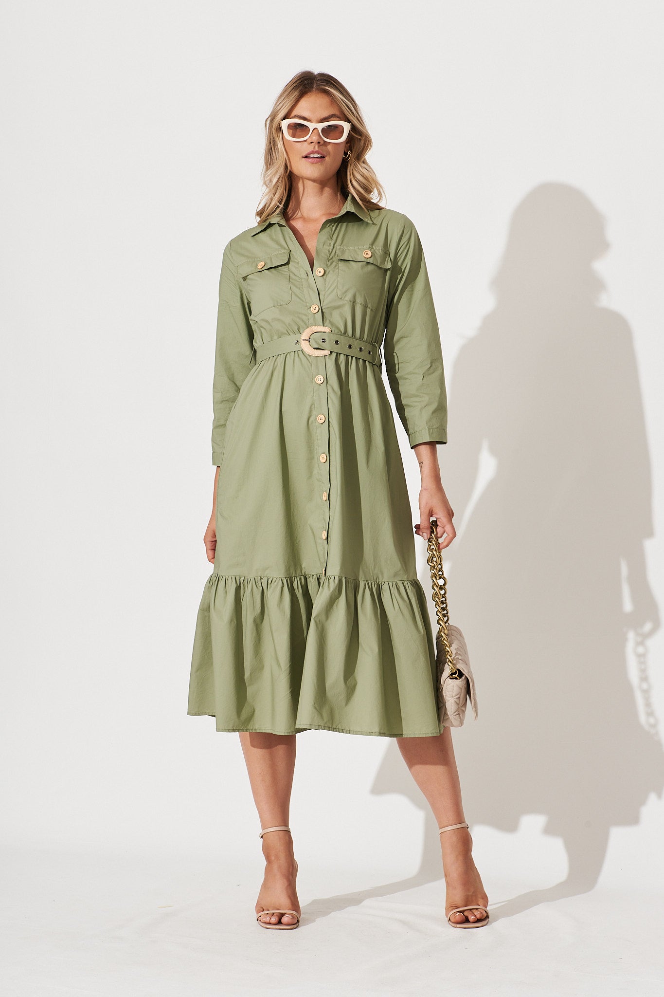 Cornellie Midi Shirt Dress In Khaki Cotton - full length