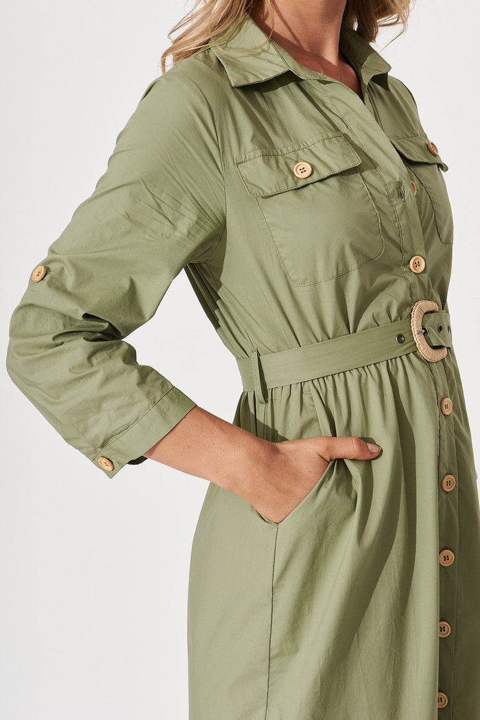 Cornellie Midi Shirt Dress In Khaki Cotton - detail