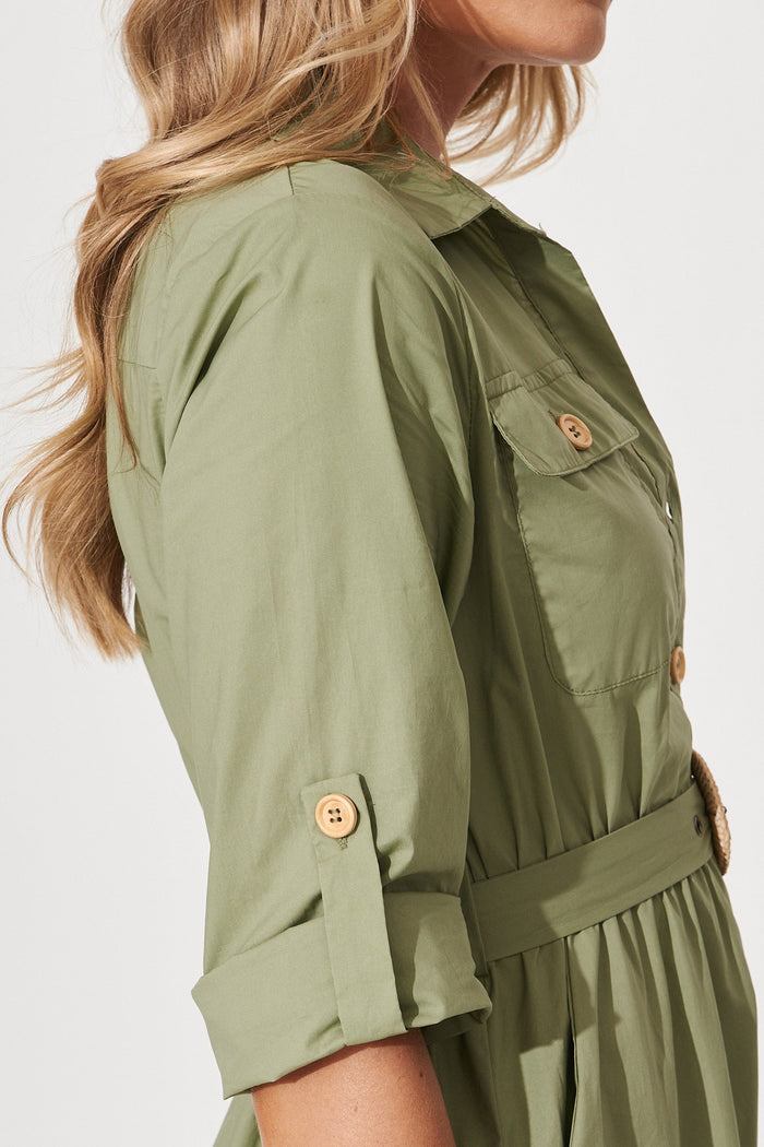 Cornellie Midi Shirt Dress In Khaki Cotton - detail