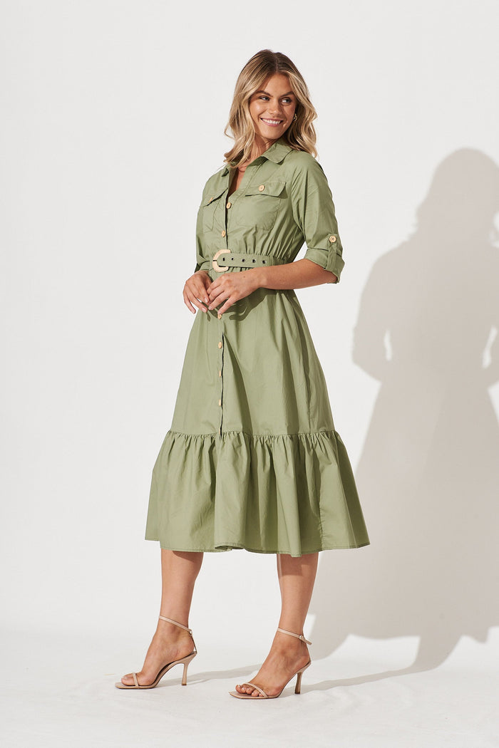 Cornellie Midi Shirt Dress In Khaki Cotton - side